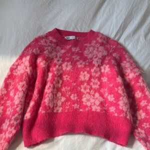 Zara Pink Floral Crew Neck Sweater